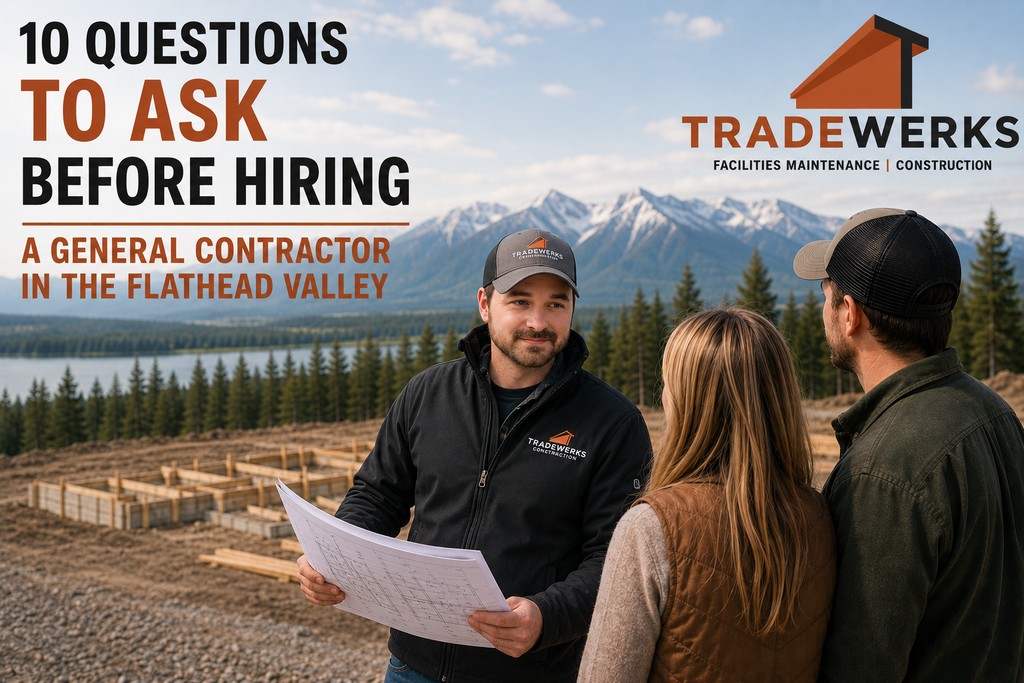 Tradewerks general contractor reviewing custom home plans with homeowners at a new construction site in the Flathead Valley, Montana.