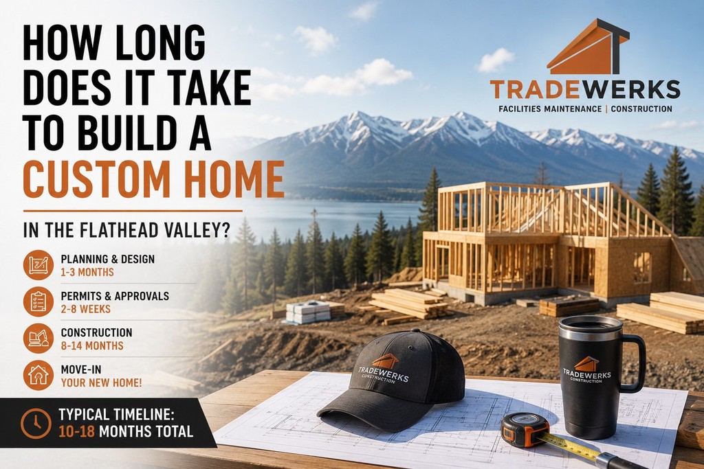 Custom home under construction in the Flathead Valley, Montana, illustrating the typical timeline for building a custom home.